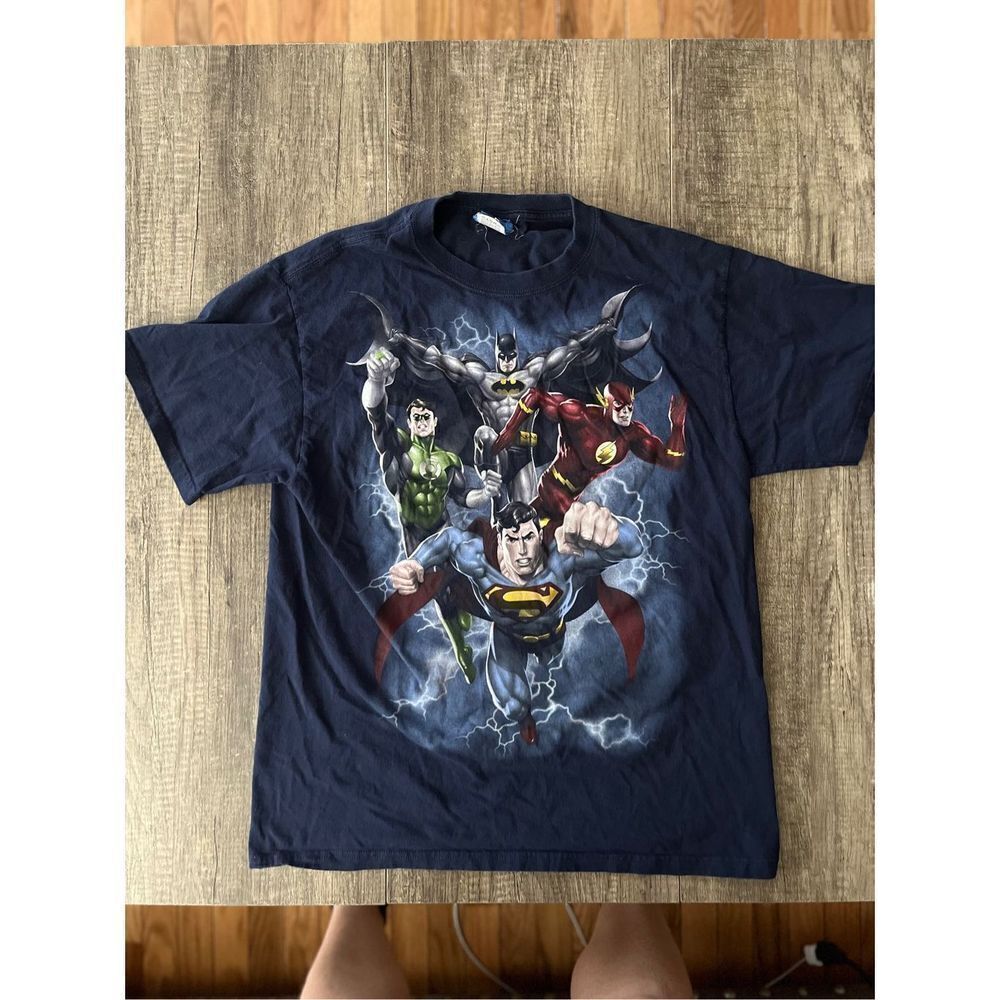 Justice League Shirt Mens Large L Blue Graphic Superhero Tee Short Sleeve DC